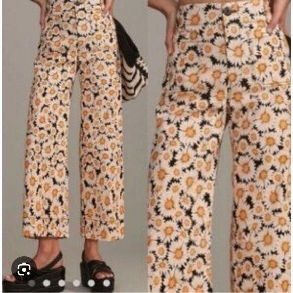 ANTHRO | MAEVE Colette Pants Daisy Print Cropped Linen Sz 25 - Picture 1 of 6